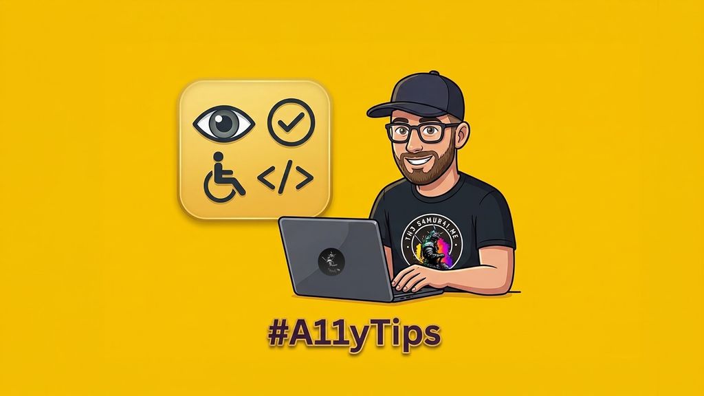 Comic-style illustration of Michaël Vanderheyden wearing a baseball cap and samurai-themed shirt, working on a laptop with a samurai sticker. To the side, accessibility icons and the hashtag #A11yTips promote practical accessibility tips for developers.