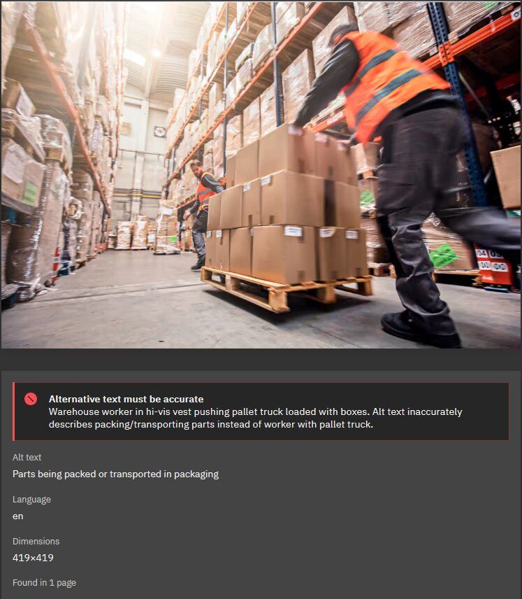 Screenshot of an accessibility tool reporting a mismatch error. It compares an image of a warehouse worker with the existing alt text "Parts being packed," flagging it as inaccurate.