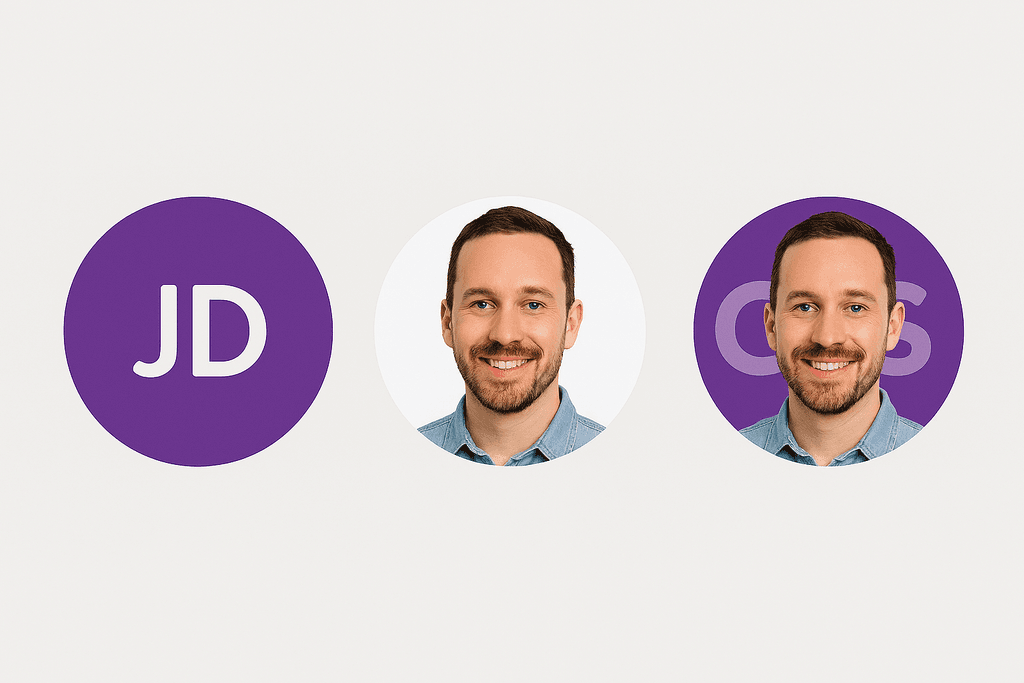 The left and center avatars appear as expected. On the left, there's a colored fallback displaying initials, while the center shows an image with a solid background. The issue arises with the right avatar: when the image has a transparent background, the fallback initials remain visible underneath, creating an unintended visual overlap.