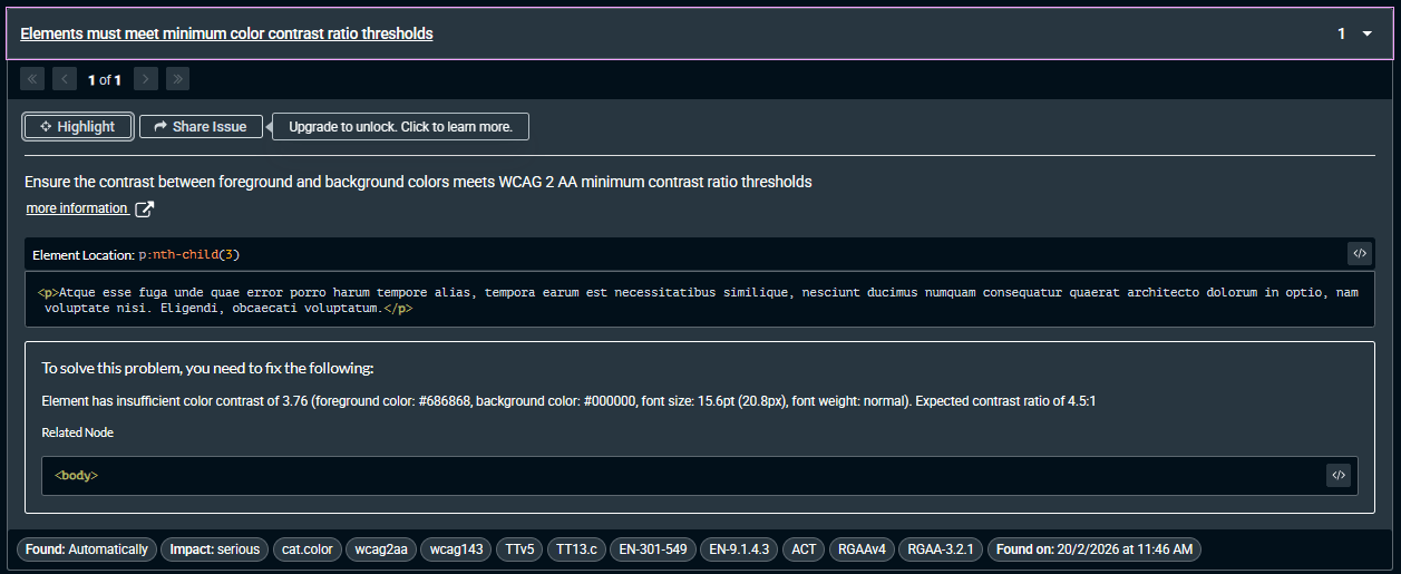 Axe DevTools screenshot showing a WCAG 2 AA color‑contrast violation triggered during an SDA fade‑in animation.