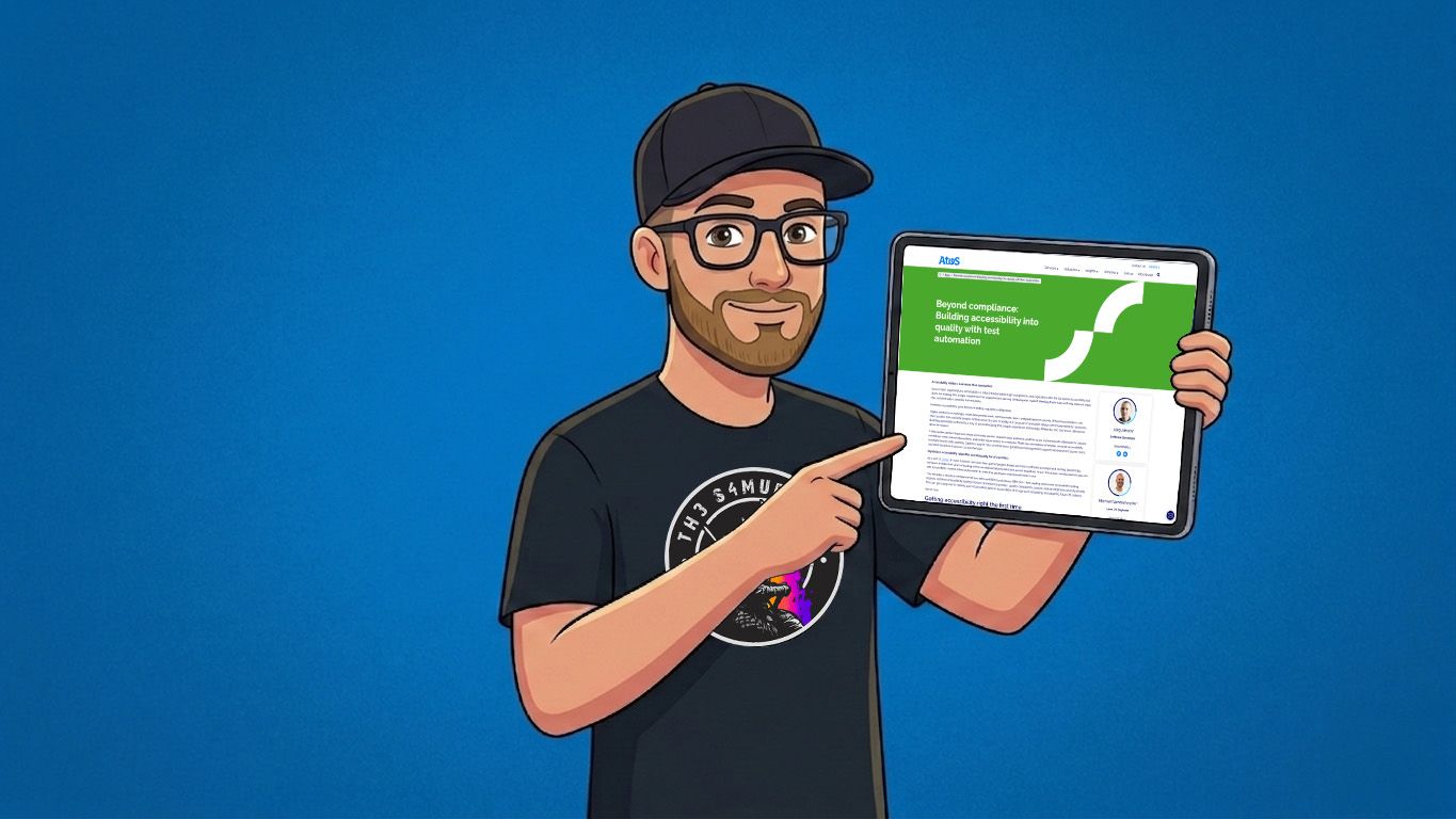 Comic-style illustration of Michaël Vanderheyden showing his latest post on the Atos Blog on a tablet