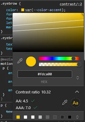 Chrome DevTools color picker showing contrast information for the selected foreground and background
colors.