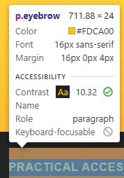 Chrome DevTools element picker highlighting a text element and showing the inspect
popover.