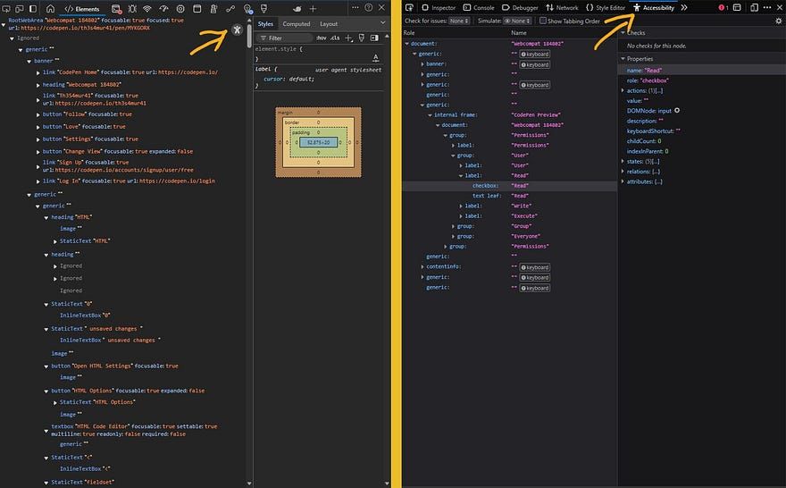 Screenshot comparing the accessibility tree views in Edge (Chromium) and Firefox DevTools. The left panel shows the Elements tab with the accessibility tree in Edge, while the right panel displays detailed accessibility properties in Firefox. An arrow highlights the menu location to access these tools.