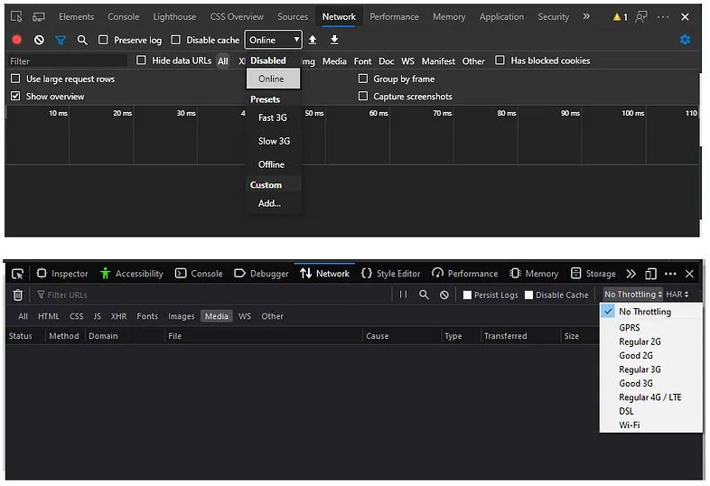 Screenshots of browser devtools showing network speed simulation options in Chrome/Edge and Firefox.