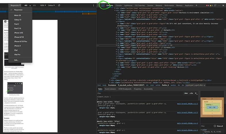 Edge DevTools displaying a mobile device preview next to the Elements panel, demonstrating responsive design testing.