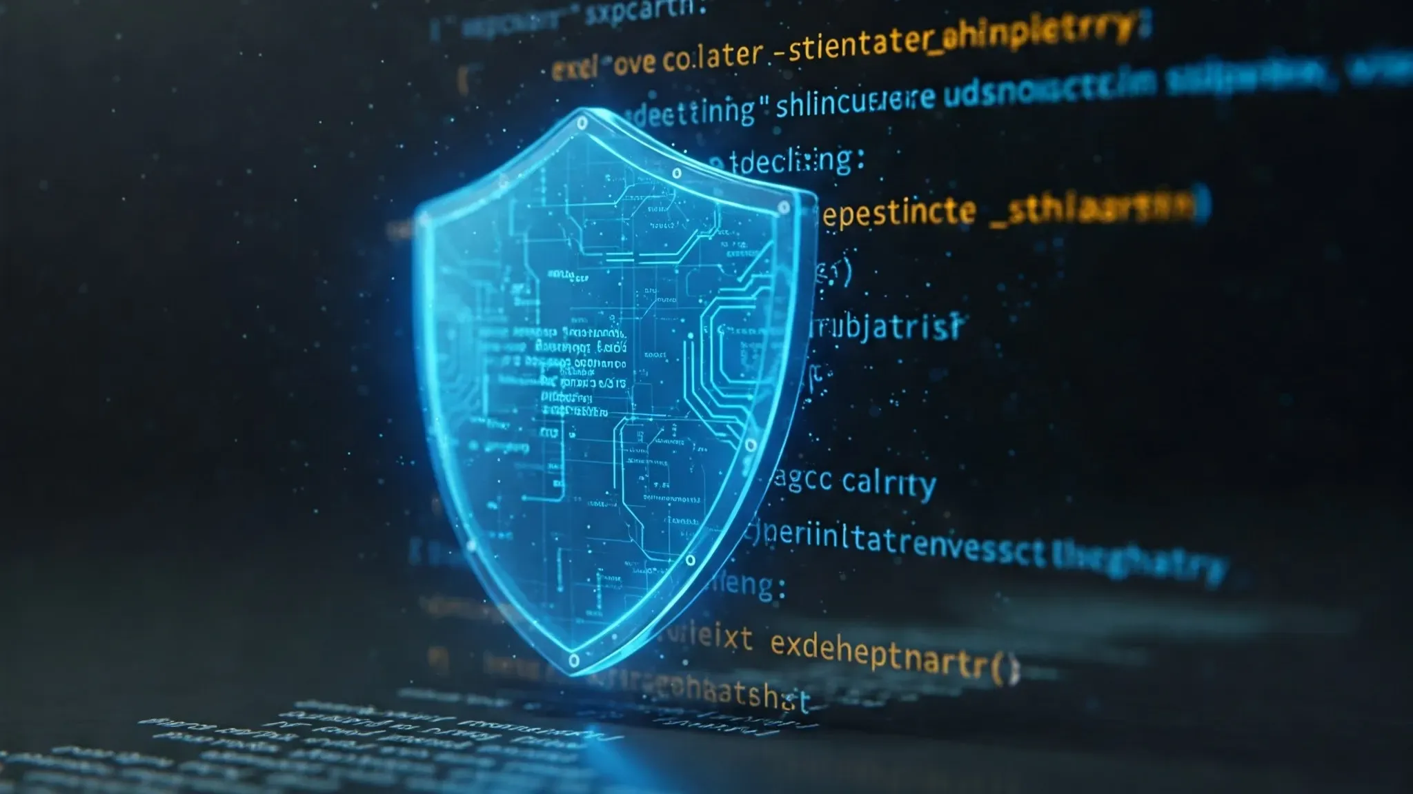 A shield floating in front of some code snippets