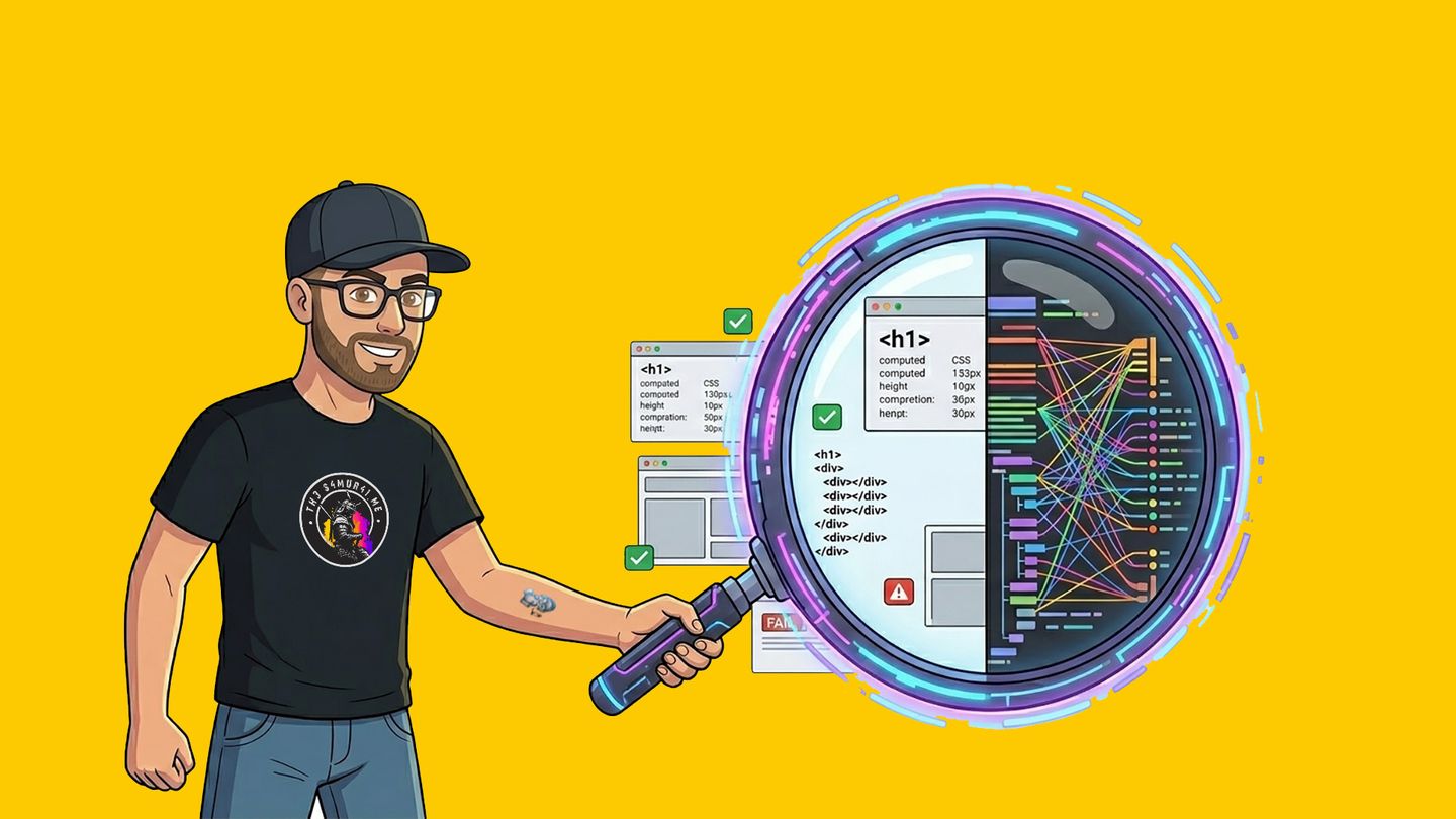 A comic-style illustration of Michaël Vanderheyden holding a futuristic digital magnifying glass with a divided lens. The left side shows standard code with green pass markers. The right side reveals a glowing purple and blue neural network overlay, symbolizing AI detecting semantic and layout issues. The entire background is solid white.