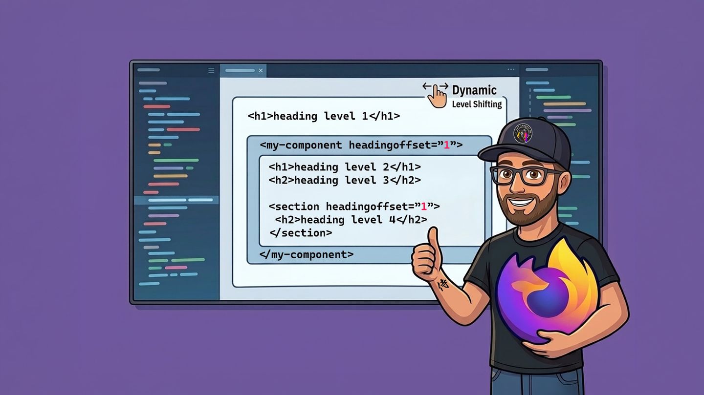 Comic-style illustration of Michaël Vanderheyden giving a thumbs-up while holding the Firefox logo. In the background, a flat screen displays HTML code demonstrating how the new headingoffset attribute dynamically shifts nested heading levels.