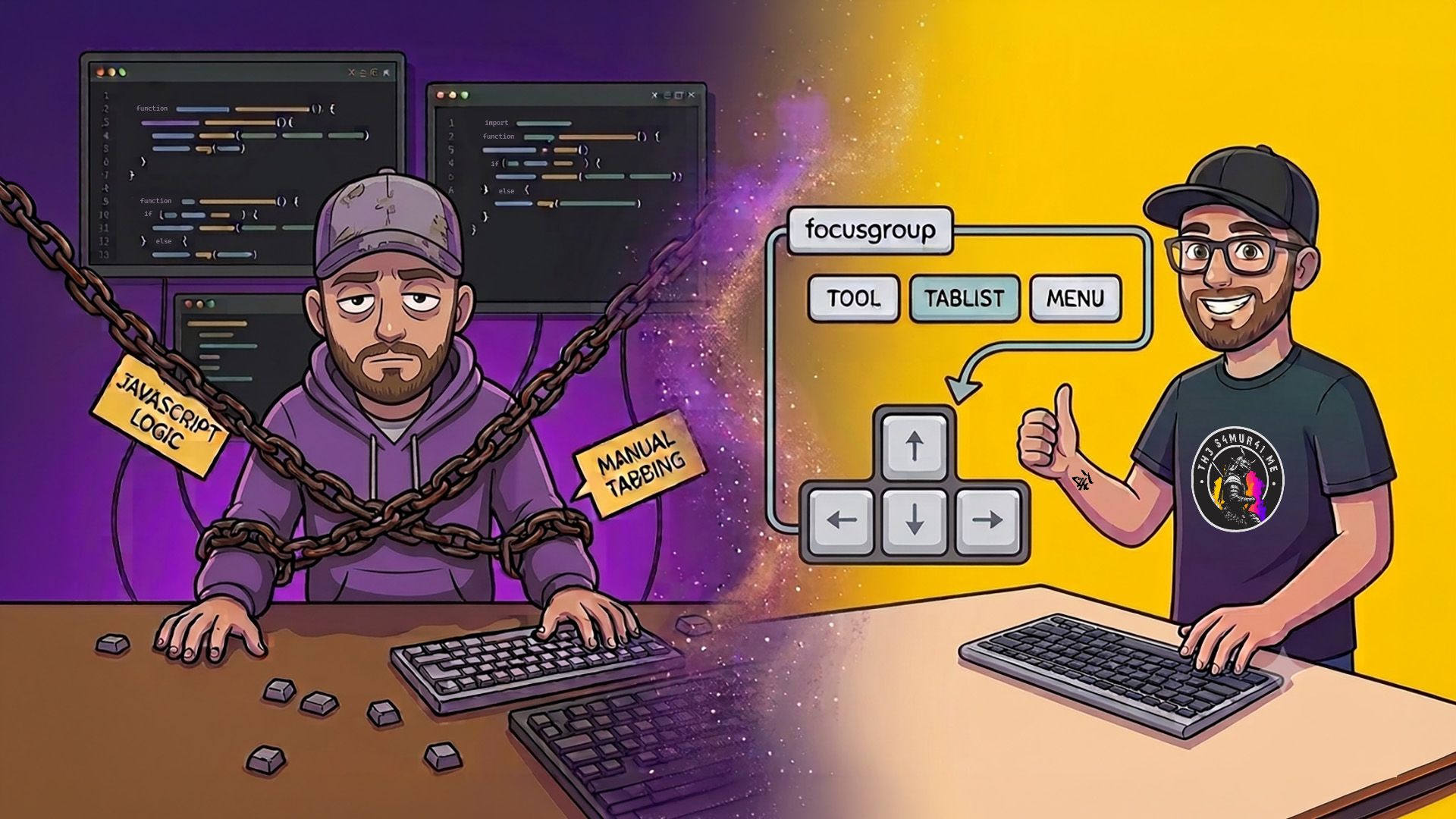 A comic-style hero image split in two: on the left, a tired developer, wearing a purple hoodie, is chained by ‘JavaScript Logic’ and ‘Manual Tabbing’ logic, struggling with complex code. On the right, a smiling Michaël Vanderheyden with a cap and glasses gives a thumbs-up. Floating beside him, ‘focusgroup’ automatically handling navigation for ‘toolbar’, ‘tablist’, and ‘menu’ via standard arrow keys.