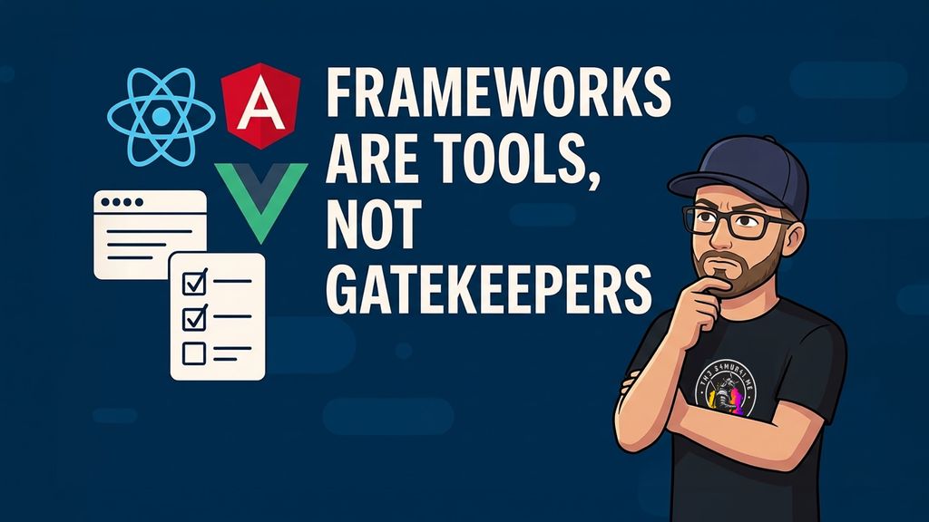 A comic-style illustration of Michaël Vanderheyden frowning at popular framework logos next to the text "Frameworks are tools, not gatekeepers"