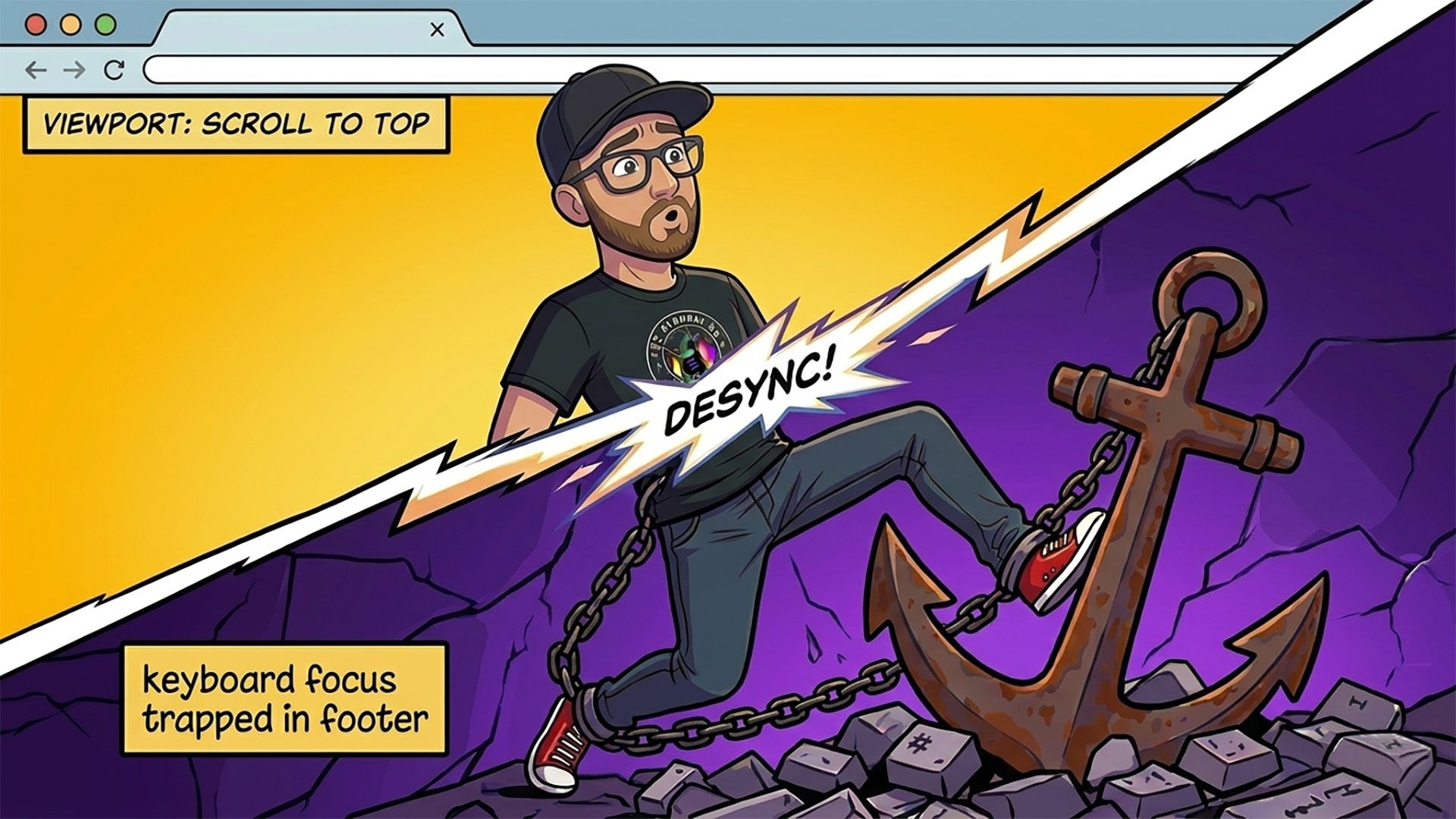 A comic style illustration within a web browser frame shows Michaël Vanderheyden looking confused as a giant diagonal lightning bolt splits the scene. His upper body is shown floating up towards a yellow background box reading 'VIEWPORT: SCROLL TO TOP,' while his lower body and legs are physically chained to a rusty anchor labeled 'keyboard focus trapped in footer' keycap-rubble background