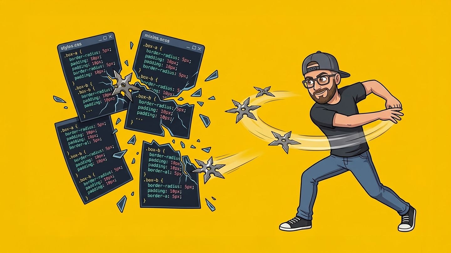 Comic style representation of Michaël Vanderheyden throwing ninja star representing mixins to shatter code blocks filled with repetitive CSS properties