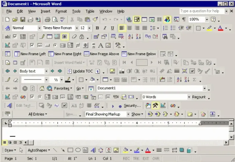 Old version of Microsoft Word with toolbars that take up most of the screen making typing almost impossible and turning the search for a specific button into an adventure.