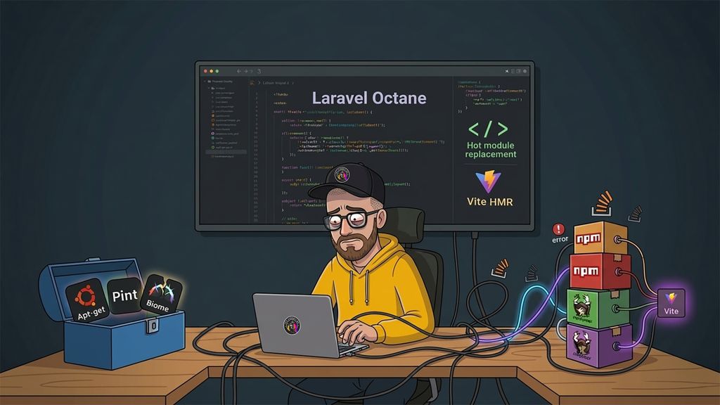 Comic illustration of a developer struggling with the fragmented ecosystem of modern PHP. The scene features a messy desk with overlapping package managers (npm and composer), OS-level tools like apt-get, and conflicting formatters.