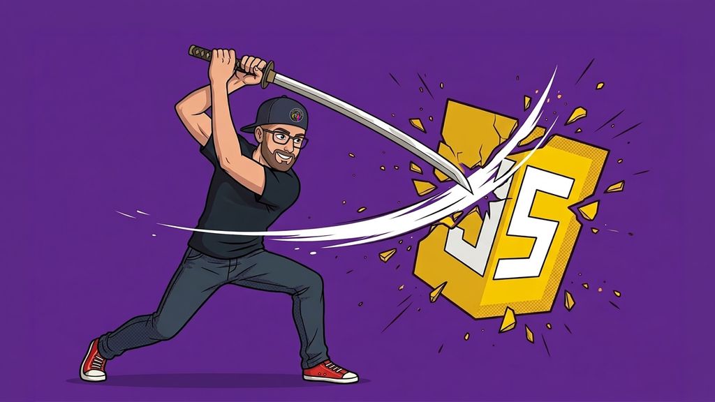 Comic-style illustration of my character slashing the JavaScript logo with a katana