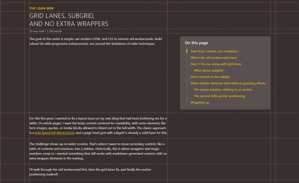 website layout screenshot showing an article with a table of contents in a sidebar. The table of contents is taller than the first paragraph it shares a grid row with. Overlaying dashed lines highlight the underlying grid structure.
